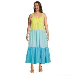 Colorblock Maxi Dress With Adjustable Straps & Ruched Bodice Terra & Sky 1X 100%